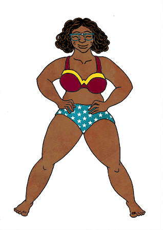 A dark-skinned woman with curly hair wearing a Wonder Woman-themed bikini.
