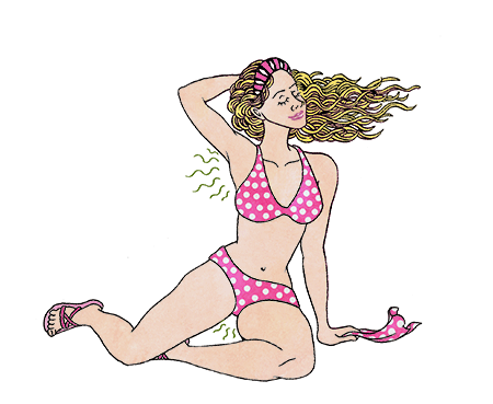Illustration of a bikini-clad blonde woman with odor waves around her genitals and armpits.