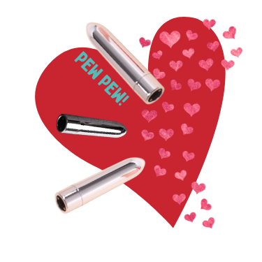 three bullet vibes with many hearts and text that says "pew pew" for funsies