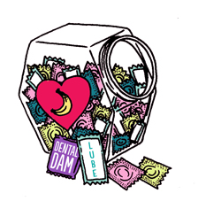 A bowl full of condoms, lube, and dental dams.