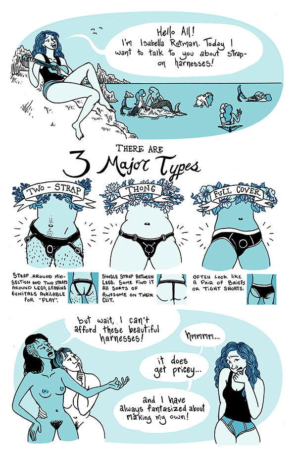 Illustrations of people, and strapons using blue color palet and black lines  and text defining and discussing strap-ons.