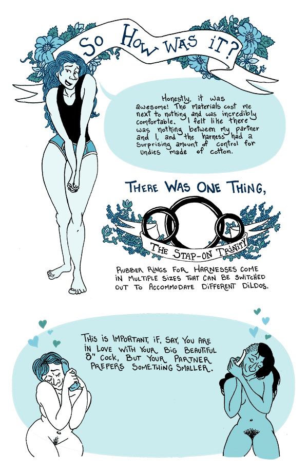 Hand drawn characters discussing their experiences of the DIY harnesses