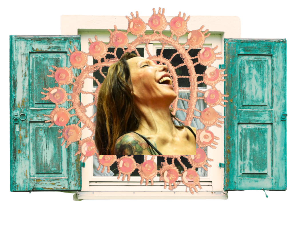 image of Luana Muniz laughing over a lace heart and old windows