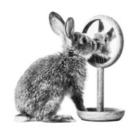 A bunny rabbit looks at themself in a mirror