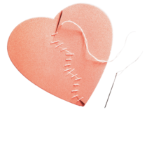 a broken paper heart being sewn back up by needle and thread