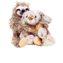 a stuffed animal sloth hugging a stuffed animal bunny