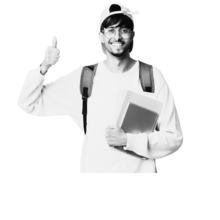 An Indian guy with a backpack and glasses giving a thumbs-up