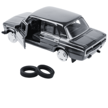 a toy car with missing and spare tires