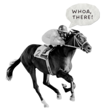 A racehorse with rider atop and thought bubble above their head with text "Whoa, there!"
