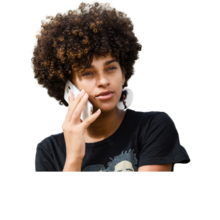 Young person with curly haired styled in an afro. They are wearing a black t-shirt and are holding a smart phone to their ear as if they are talking on the phone.