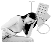 Woman with long black hair sits hunched over, holding her head and stomach as if she is not feeling well. Surrounding her are various forms of hormonal birth control including an IUD, birth control pills, the morning after pill, a Depo-Provera shot, and a birth control ring.